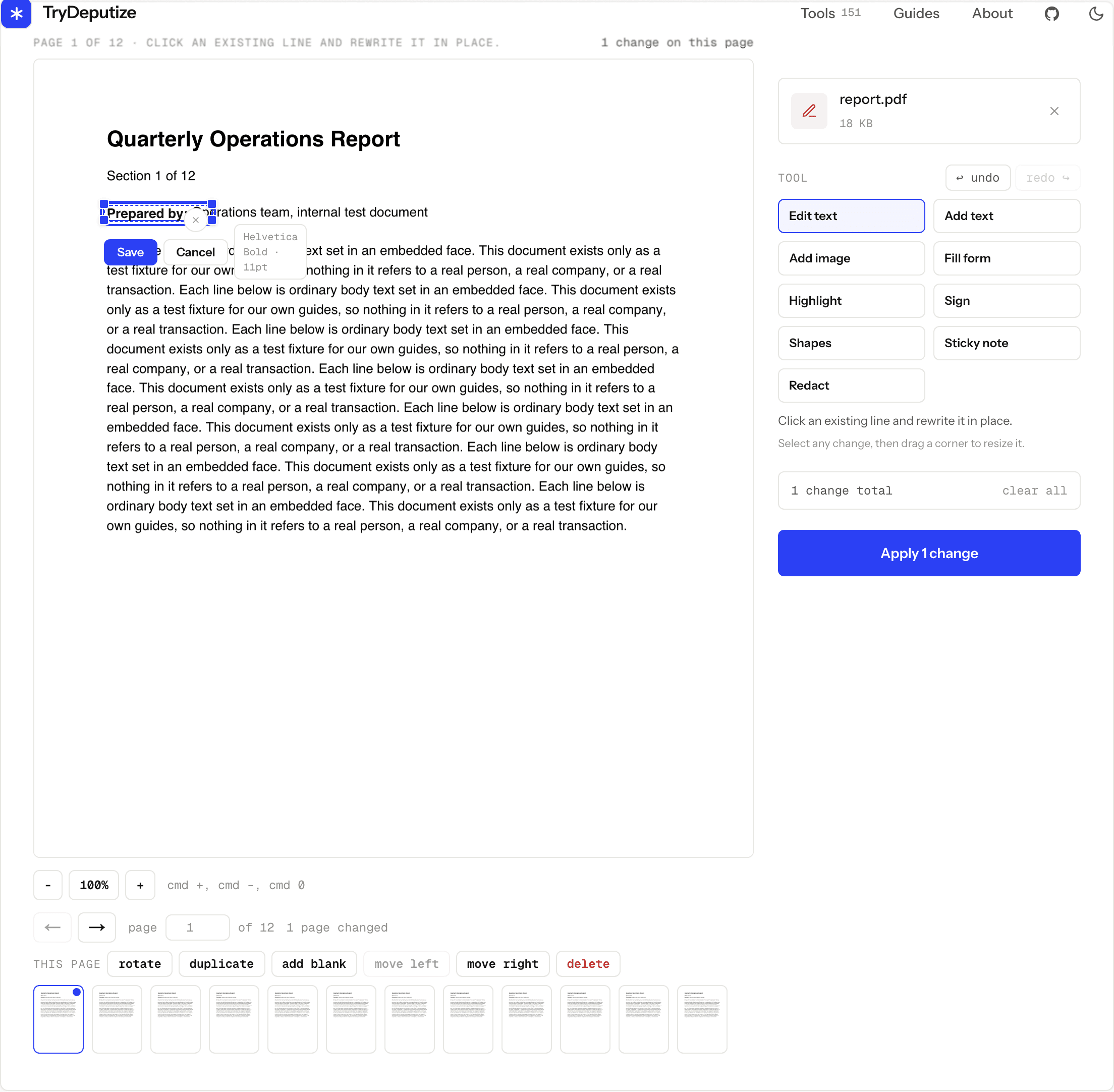 TryDeputize PDF Editor changing text in a sample quarterly report